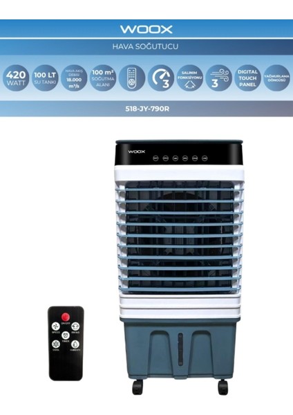 100 Lt Su Kapasiteli, 420 Watt, Otomatik Salınım, Dijital Touch Panel Portatif Hava Soğutucu