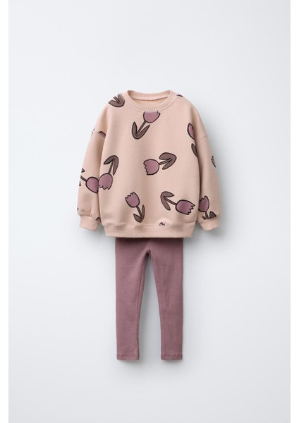 Kız Çocuk Pamuklu Çiçek Desenli Sweatshirt ve Tayt Alt-Üst Takım - Günlük Takım