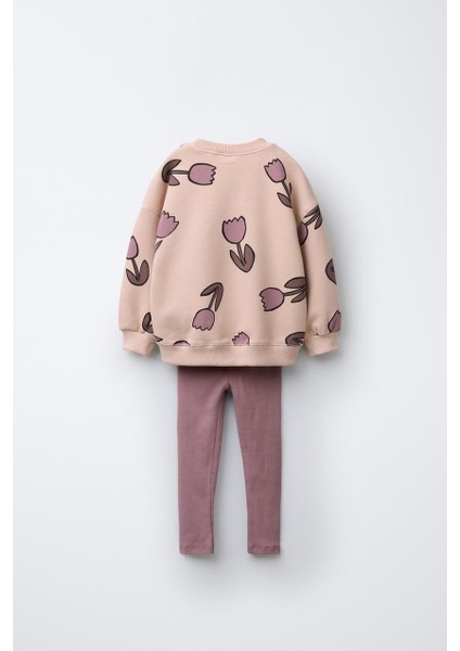 Kız Çocuk Pamuklu Çiçek Desenli Sweatshirt ve Tayt Alt-Üst Takım - Günlük Takım fiyatları