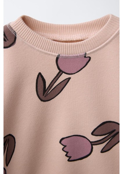 Kız Çocuk Pamuklu Çiçek Desenli Sweatshirt ve Tayt Alt-Üst Takım - Günlük Takım modelleri