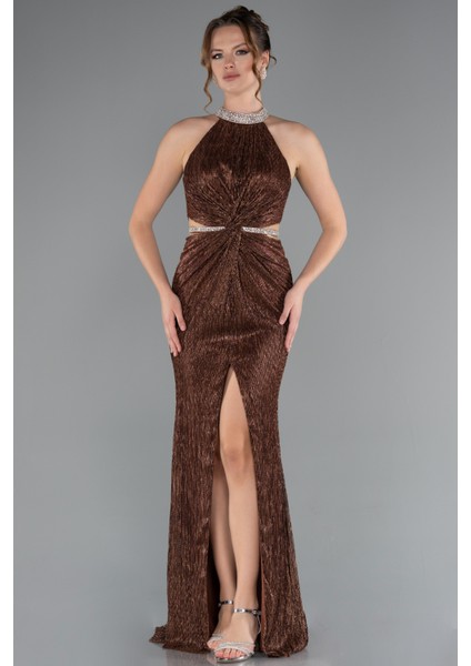 Halter Yaka Bacak Dekolteli Uzun Simli Abiye ABU4324