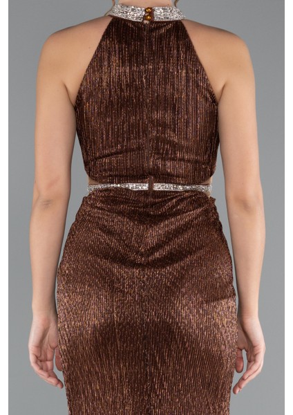 Halter Yaka Bacak Dekolteli Uzun Simli Abiye ABU4324 fırsatları