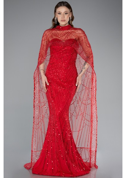 Straplez Boncuk Işlemeli Şal Detaylı Uzun Abiye ABU4517