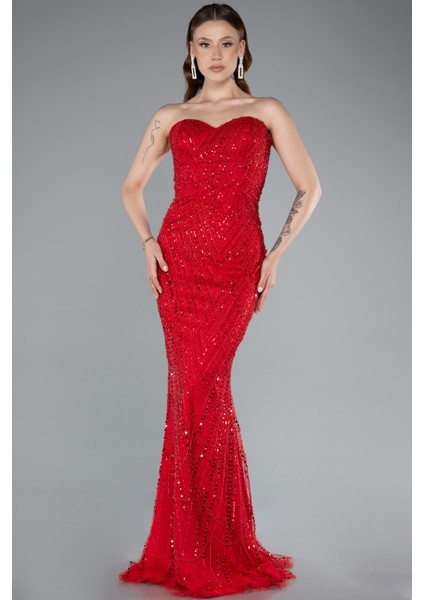 Straplez Boncuk Işlemeli Şal Detaylı Uzun Abiye ABU4517 fiyatları