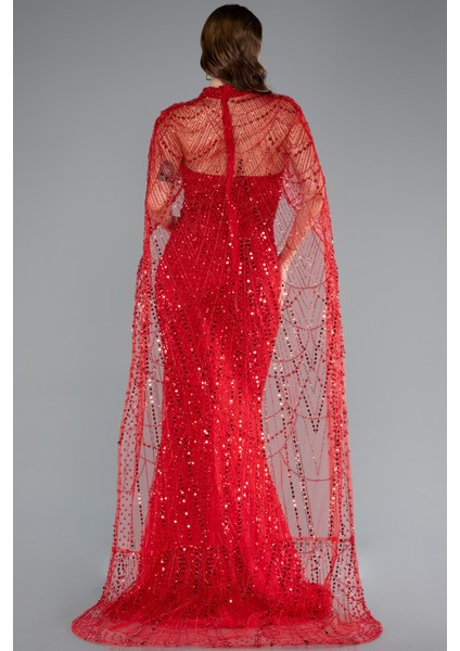 Straplez Boncuk Işlemeli Şal Detaylı Uzun Abiye ABU4517 modelleri