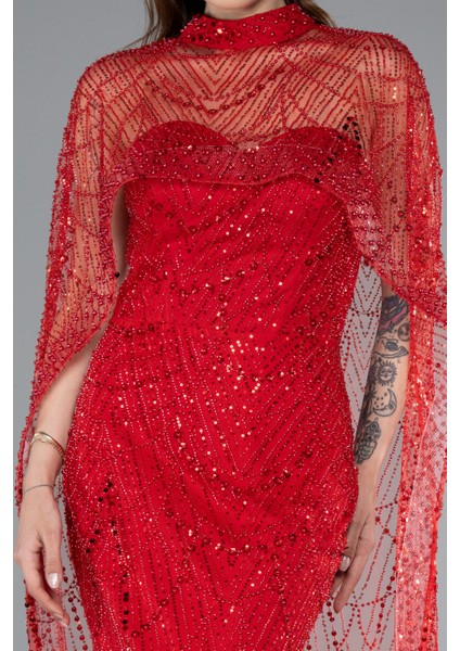 Straplez Boncuk Işlemeli Şal Detaylı Uzun Abiye ABU4517 fırsatları