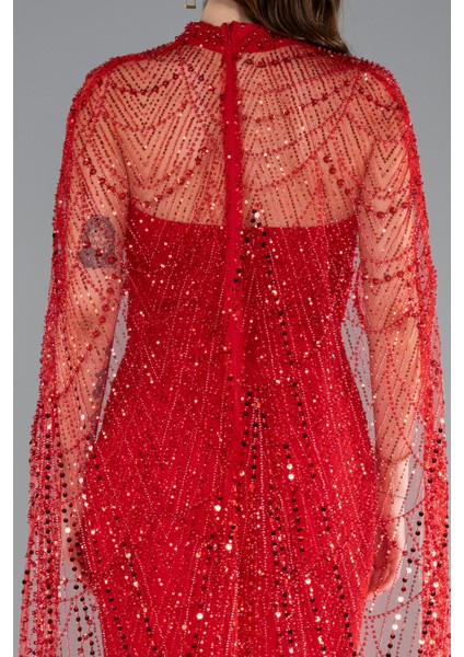 Straplez Boncuk Işlemeli Şal Detaylı Uzun Abiye ABU4517 indirimleri