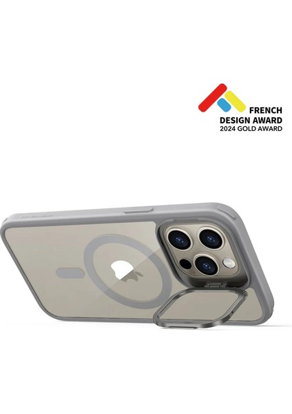 iPhone 15 Pro Halolock Magsafe Classic Hybrid Şeffaf Gri Standlı Kılıf
