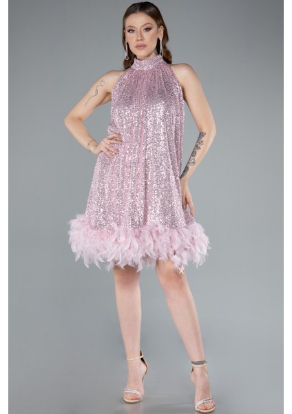 Halter Yaka Eteği Otrişli Kısa Pul Payet Abiye ABK2348