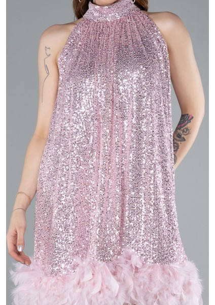 Halter Yaka Eteği Otrişli Kısa Pul Payet Abiye ABK2348 modelleri