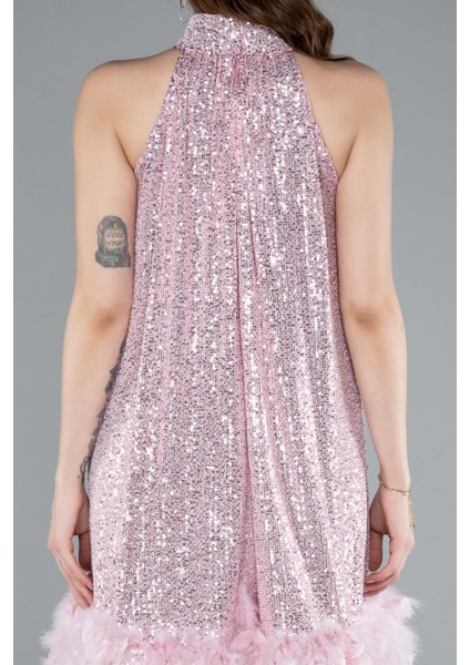 Halter Yaka Eteği Otrişli Kısa Pul Payet Abiye ABK2348 fırsatları