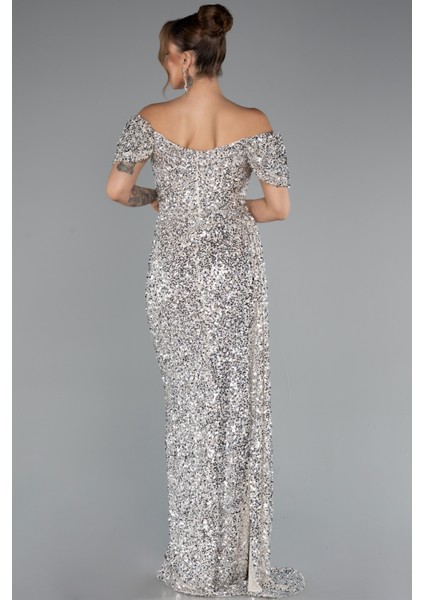 Kayık Yaka Bacak Dekolteli Uzun Pullu Abiye Elbise ABU4843 fiyatları