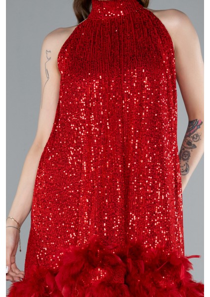 Halter Yaka Eteği Otrişli Kısa Pul Payet Abiye ABK2348 modelleri