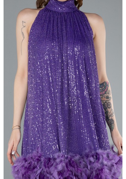 Halter Yaka Eteği Otrişli Kısa Pul Payet Abiye ABK2348 modelleri