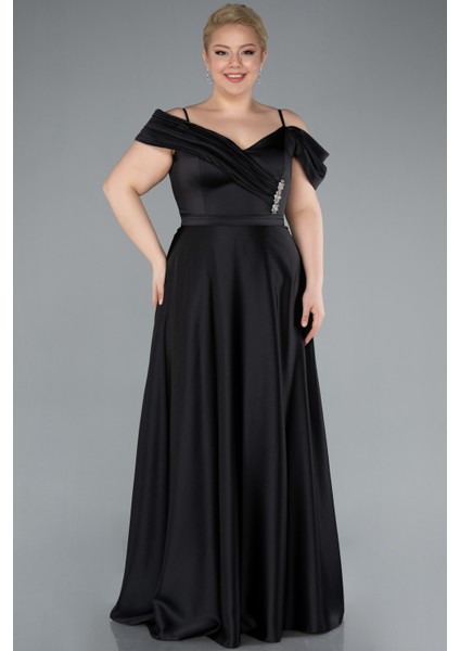 Omuz Dekolteli Uzun Saten Büyük Beden Abiye ABU4869