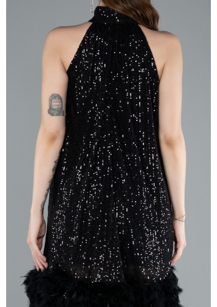 Halter Yaka Eteği Otrişli Kısa Pul Payet Abiye ABK2348 fırsatları