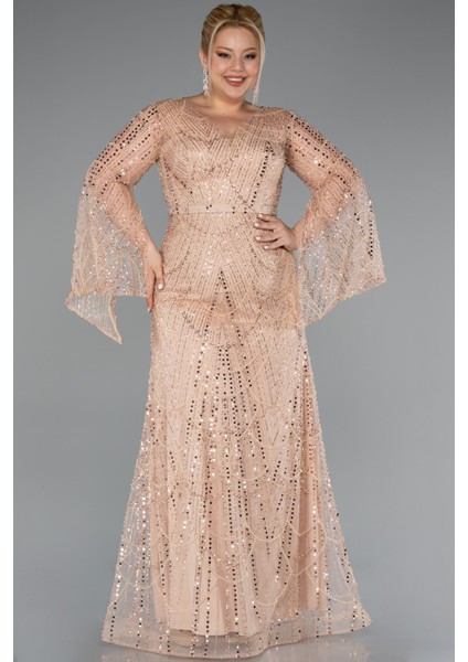 Uzun Kol V Yaka Taşlı Büyük Beden Abiye ABU4822