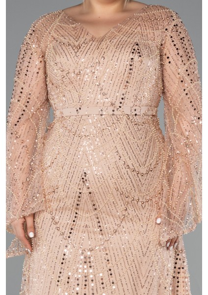 Uzun Kol V Yaka Taşlı Büyük Beden Abiye ABU4822 modelleri