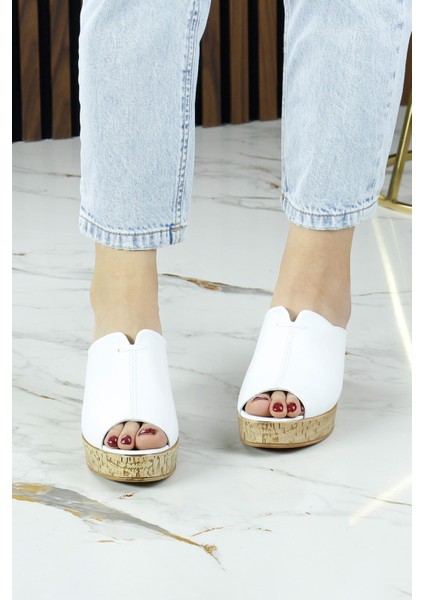 Mallery Beyaz Hakiki Dana Derisi Önü Açık Mantar Taban Görünümlü Dolgu Topuklu Terlik modelleri