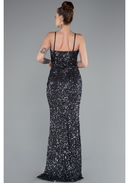 Yırtmaçlı Göğüs Drapeli Uzun Pullu Abiye Elbise ABU4842 fiyatları