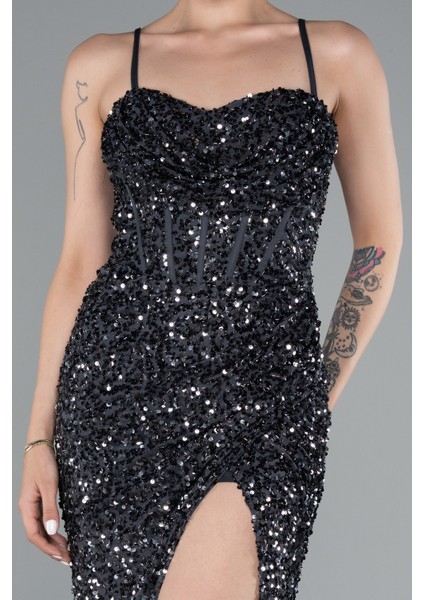 Yırtmaçlı Göğüs Drapeli Uzun Pullu Abiye Elbise ABU4842 modelleri