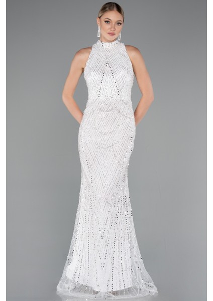 Halter Yaka Boncuklu Uzun Balık Abiye ABU4791