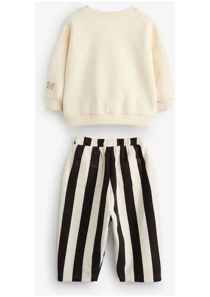 Kız Çocuk Pamuklu Kabartma Yazılı Sweatshirt ve Çizgili Pantolon Alt-Üst Takım - Günlük Takım modelleri