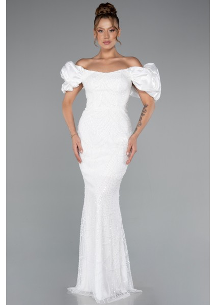 Kısa Kol Boncuklu Uzun Taşlı Balık Abiye ABU4509