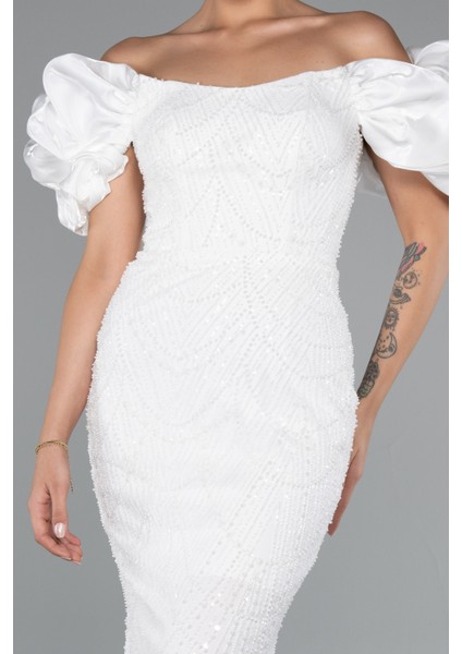 Kısa Kol Boncuklu Uzun Taşlı Balık Abiye ABU4509 modelleri