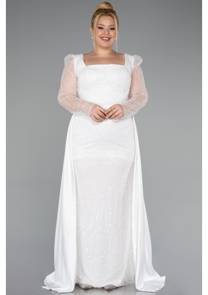 Taşlı Uzun Kol Saten Kuyruklu Büyük Beden Abiye ABU4761