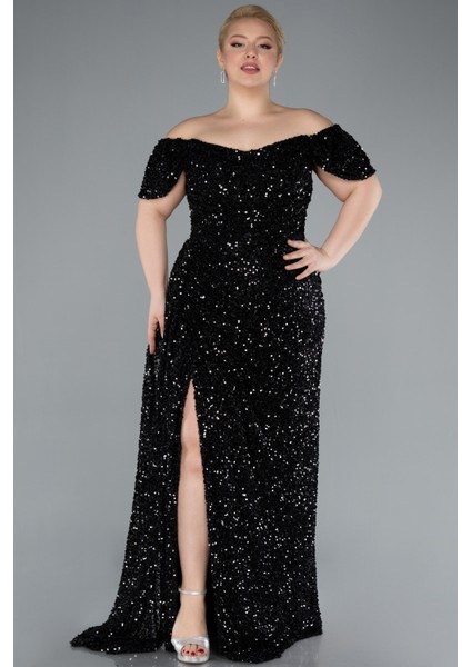 Kayık Yaka Yırtmaçlı Uzun Pullu Büyük Beden Abiye ABU4863