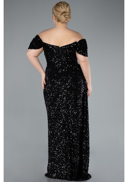 Kayık Yaka Yırtmaçlı Uzun Pullu Büyük Beden Abiye ABU4863 fiyatları