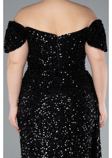 Kayık Yaka Yırtmaçlı Uzun Pullu Büyük Beden Abiye ABU4863 fırsatları