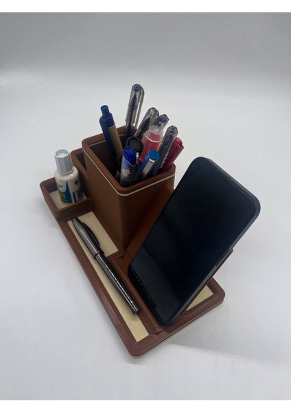 Ofis Rehberi - Telefon Standlı Organizer Set, 3D Baskı, Kahverengi