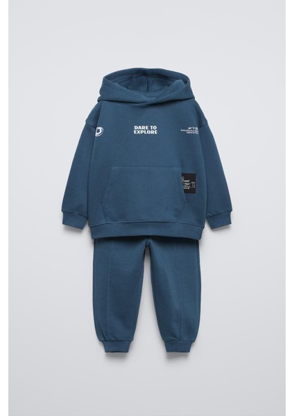 Erkek Çocuk Pamuklu Lacivert "dare To Explore" Sweatshirt Eşofman Alt-Üst Takım - Kapüşonlu