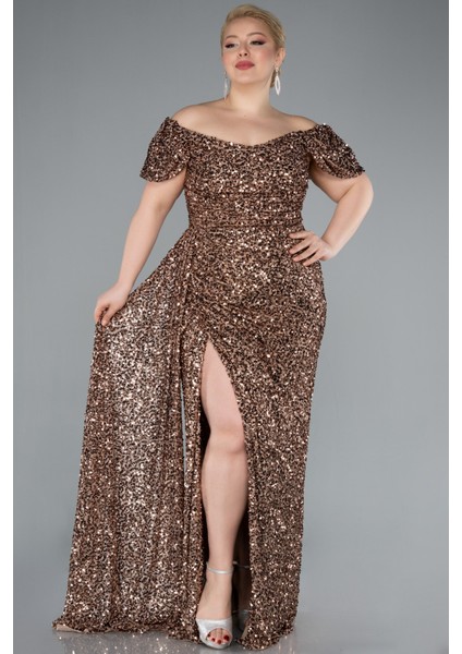 Kayık Yaka Yırtmaçlı Uzun Pullu Büyük Beden Abiye ABU4863