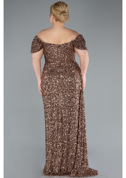 Kayık Yaka Yırtmaçlı Uzun Pullu Büyük Beden Abiye ABU4863 fiyatları