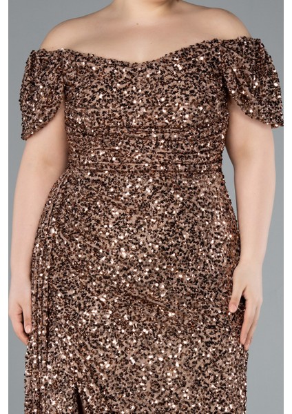 Kayık Yaka Yırtmaçlı Uzun Pullu Büyük Beden Abiye ABU4863 modelleri