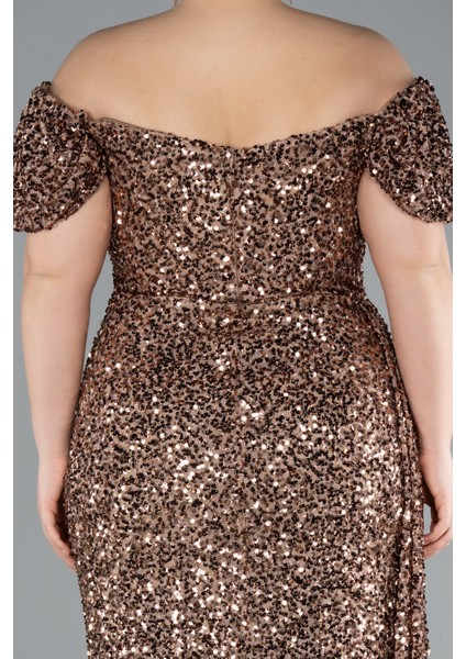 Kayık Yaka Yırtmaçlı Uzun Pullu Büyük Beden Abiye ABU4863 fırsatları