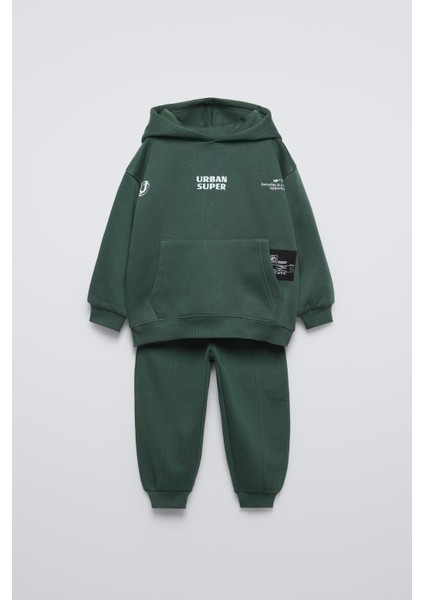 Erkek Çocuk Pamuklu Baskılı Kapüşonlu Sweatshirt ve Eşofman Altı Takım - Yeşil Alt-Üst Takım