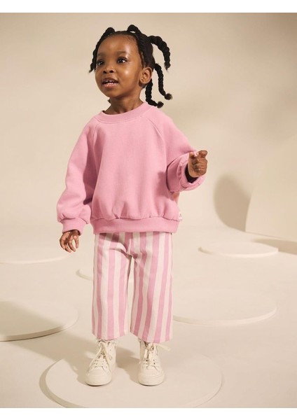 Kız Çocuk Pamuklu Pembe Sweatshirt ve Çizgili Geniş Paça Eşofman Alt-Üst Takım