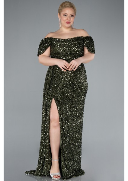 Kayık Yaka Yırtmaçlı Uzun Pullu Büyük Beden Abiye ABU4863 fiyatları