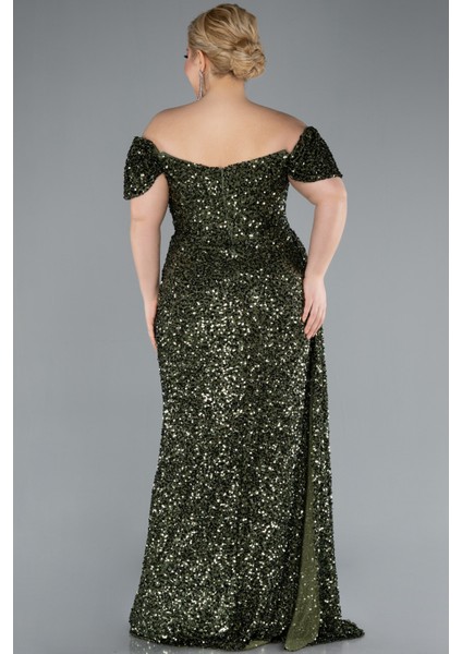 Kayık Yaka Yırtmaçlı Uzun Pullu Büyük Beden Abiye ABU4863 modelleri