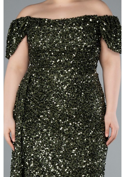 Kayık Yaka Yırtmaçlı Uzun Pullu Büyük Beden Abiye ABU4863 fırsatları