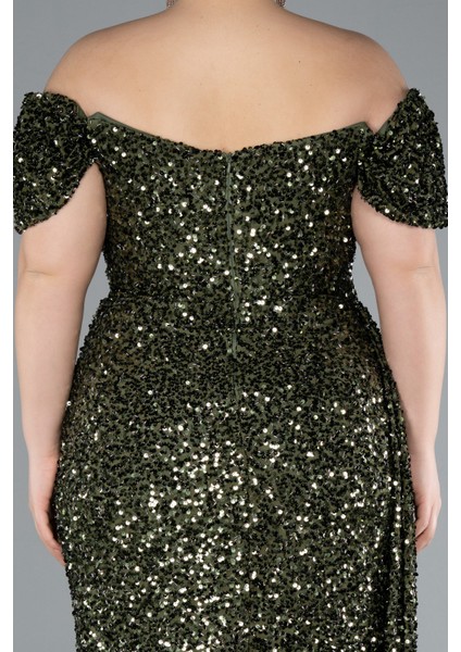 Kayık Yaka Yırtmaçlı Uzun Pullu Büyük Beden Abiye ABU4863 indirimleri