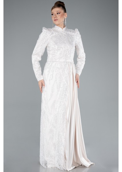 Dik Yaka Uzun Kol Boncuklu Tesettür Abiye ABU4941