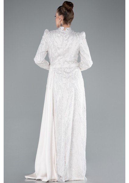 Dik Yaka Uzun Kol Boncuklu Tesettür Abiye ABU4941 fiyatları