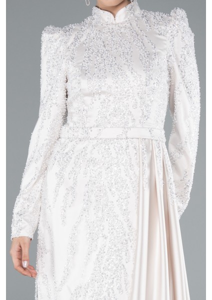 Dik Yaka Uzun Kol Boncuklu Tesettür Abiye ABU4941 modelleri