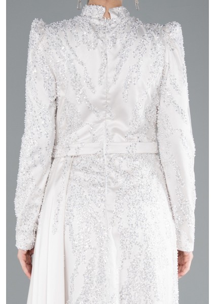 Dik Yaka Uzun Kol Boncuklu Tesettür Abiye ABU4941 fırsatları