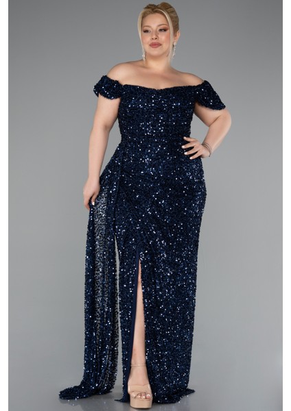 Kayık Yaka Yırtmaçlı Uzun Pullu Büyük Beden Abiye ABU4863